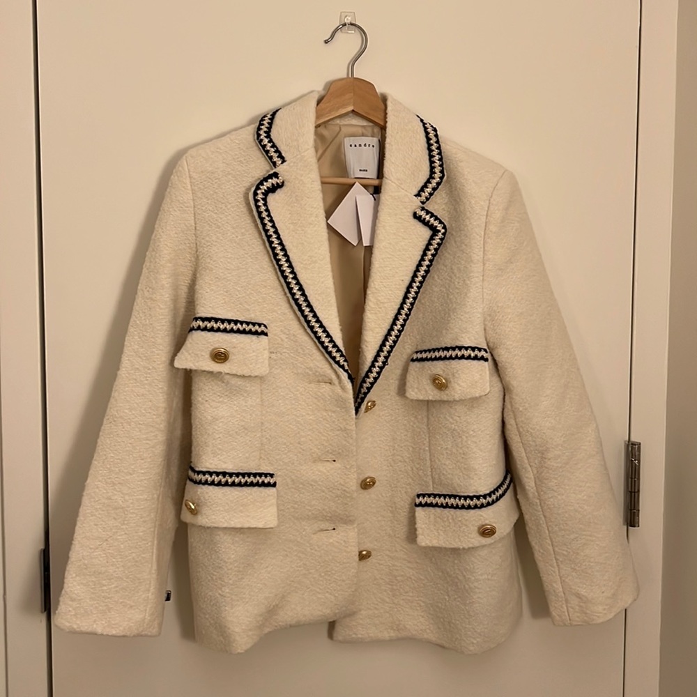 Cream Bouclé Blazer with Black Trim and Gold Buttons - Picture 3 of 5